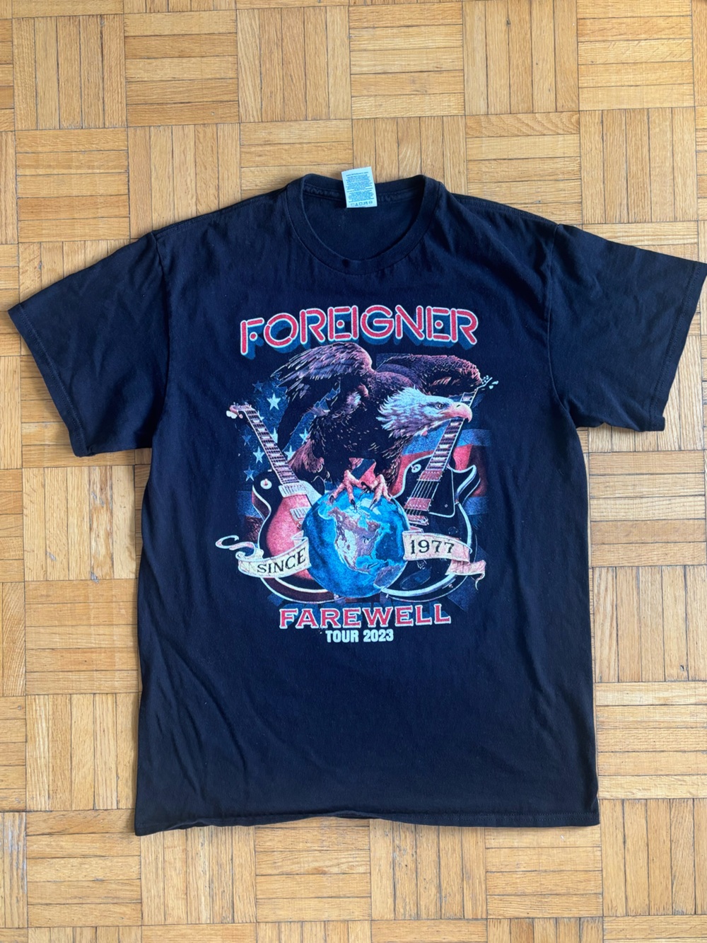 Delta Black Foreigner Farewell Tour Graphic Tee with Red and Blue Accents
